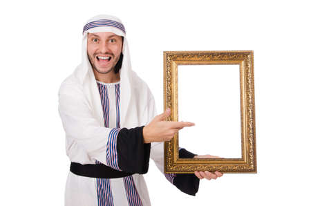 Young arab with picture frame on whiteの写真素材