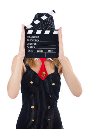 Woman gangster with movie board on whiteの写真素材