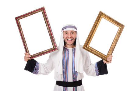 Young arab with picture frame on whiteの写真素材