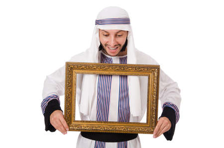 Young arab with picture frame on whiteの写真素材