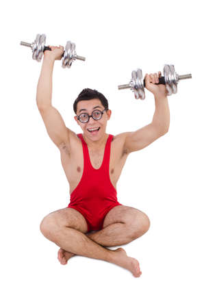 Funny guy exercising with dumbbells on whiteの写真素材