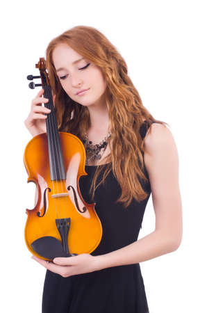 Woman with violin isolated on whiteの写真素材
