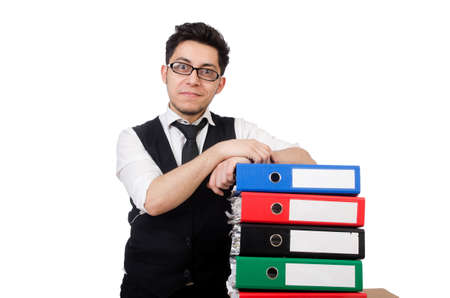 Funny man with lots of folders on white