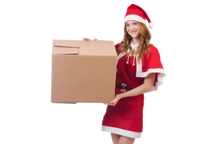 Young snow girl with box on whiteの写真素材