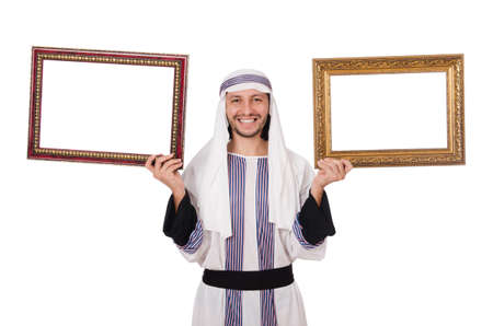 Young arab with picture frame on white