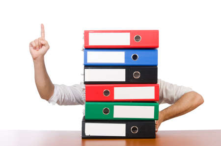 Funny man with lots of folders on white