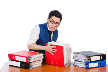 Funny man with lots of folders on white