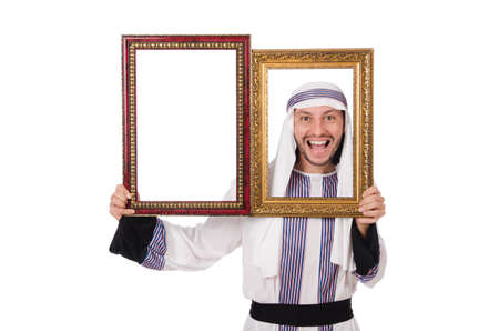 Young arab with picture frame on whiteの写真素材