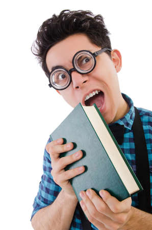 Funny student with books on whiteの写真素材