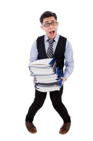 Funny man with lots of folders on whiteの写真素材