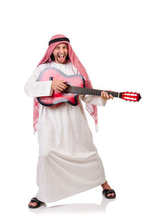 Arab man playing guitar isolated on whiteの写真素材
