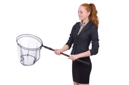 Young woman with catching net on whiteの写真素材