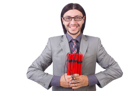Businessman with red sticks of dynamite in terrorist  concept isolated on white