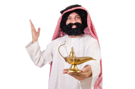 Funny arab man with lamp  isolated on whiteの写真素材
