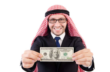 Arab businessman in eyeglasses with dollar   isolated on whiteの写真素材
