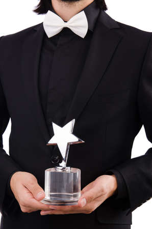 Businessman with star award isolated on whiteの写真素材