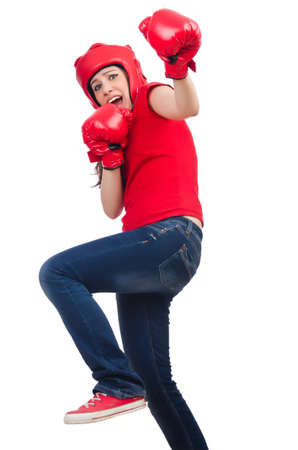 Woman boxer on white backgroundの写真素材