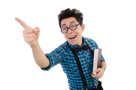 Funny student with books on whiteの写真素材