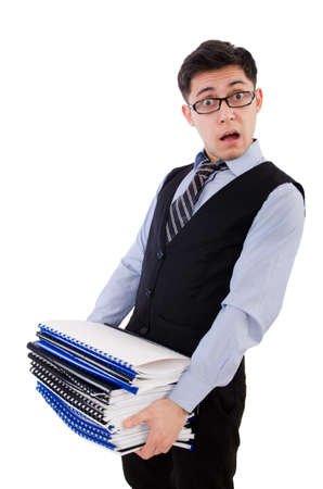 Funny man with lots of folders on whiteの写真素材