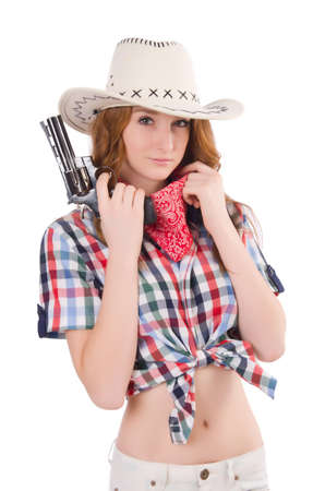 Redhead cowgirl with gun  isolated on whiteの写真素材