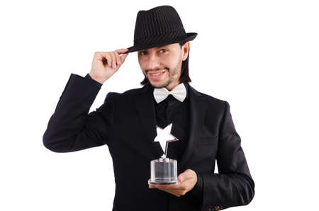 Businessman with star award isolated on whiteの写真素材