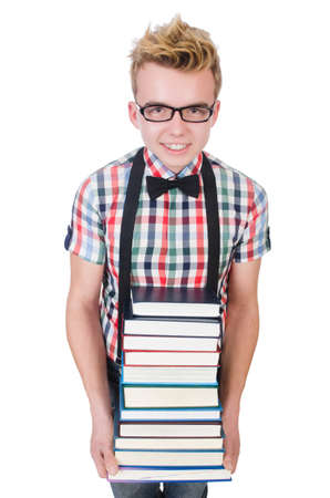 Funny student with stack of booksの写真素材