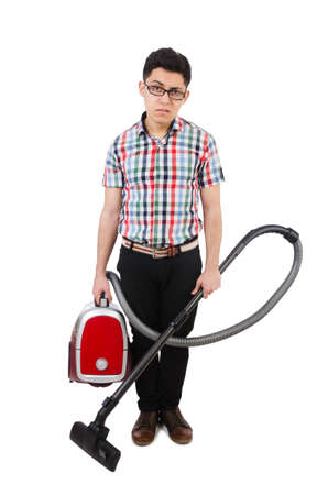 Funny man with vacuum cleaner on whiteの写真素材