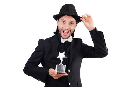 Businessman with star award isolated on whiteの写真素材