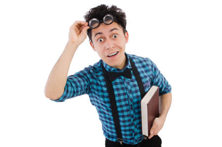 Funny student with books on whiteの写真素材
