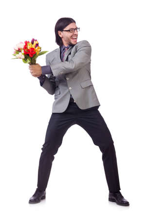 Man with flowers isolated on the whiteの写真素材