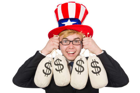 Man with dollar sacks on whiteの写真素材