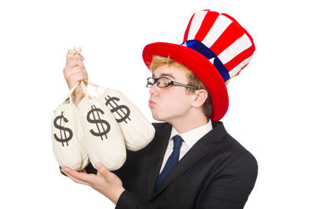 Man with dollar sacks on whiteの写真素材