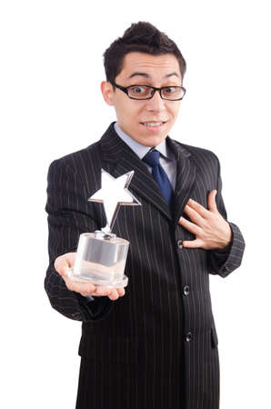 Funny guy receiving award on whiteの写真素材