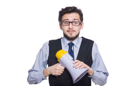 Young businessman with loudspeaker on whiteの写真素材