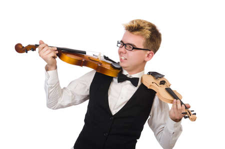 Funny man with violin on whiteの写真素材
