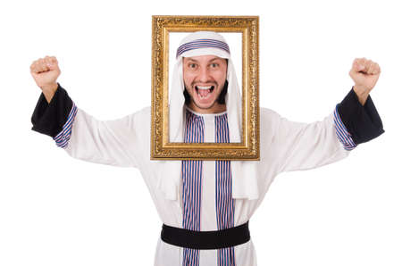 Young arab with picture frame on whiteの写真素材