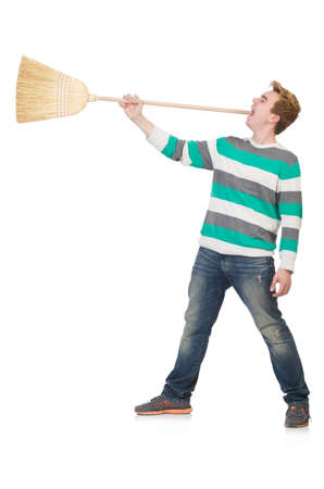 Funny man with mop isolated on whiteの写真素材