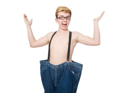 Funny man with trousers isolated on whiteの写真素材