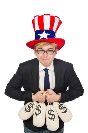 Man with dollar sacks on whiteの写真素材