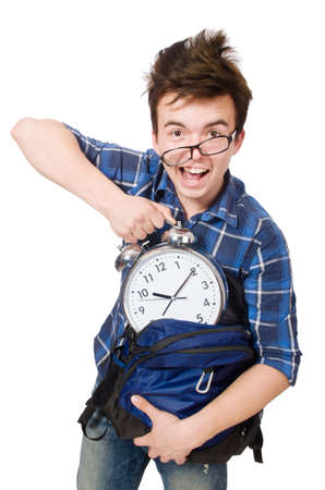 Student missing his studying deadlines on whiteの写真素材