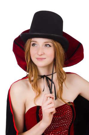 Magician woman with wand on whiteの写真素材
