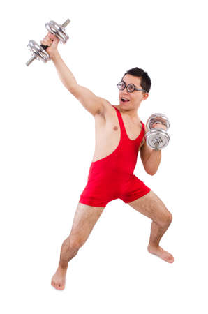 Funny guy with dumbbels on whiteの写真素材