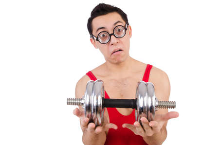 Funny guy with dumbbels on whiteの写真素材