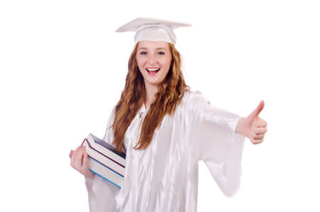 Graduate girl with books isolated on whiteの写真素材