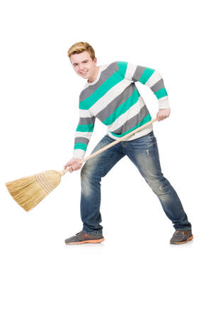 Funny man with mop isolated on whiteの写真素材