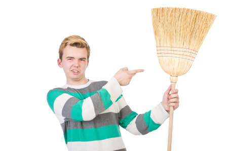 Funny man with mop isolated on whiteの写真素材