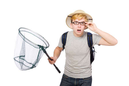 Funny guy with catching net on whiteの写真素材