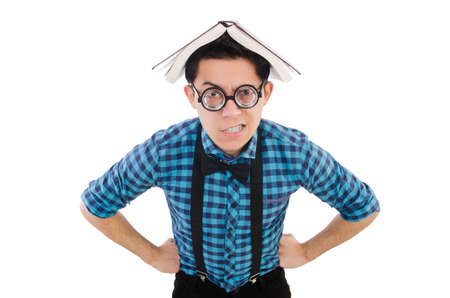Funny student with books on whiteの写真素材