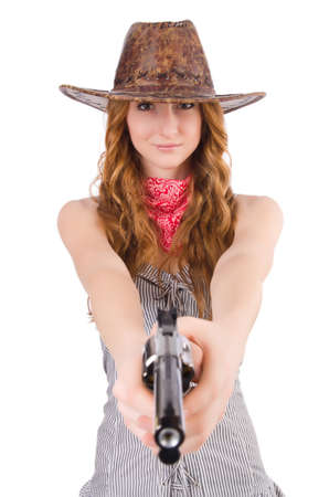 Woman gangster with gun isolated on whiteの写真素材