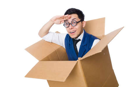 Man in thinking outside the box conceptの写真素材